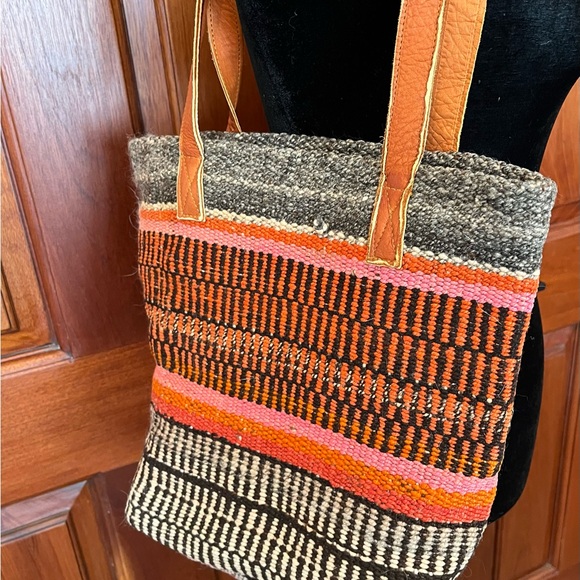 Jenny Krauss Wool Leather Shoulder Tote Bag Pink Orange Brown New W/ Tags Boho - Picture 6 of 11